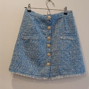 Sister Jane Blue Tweed A-Line Skirt with Gold Buttons